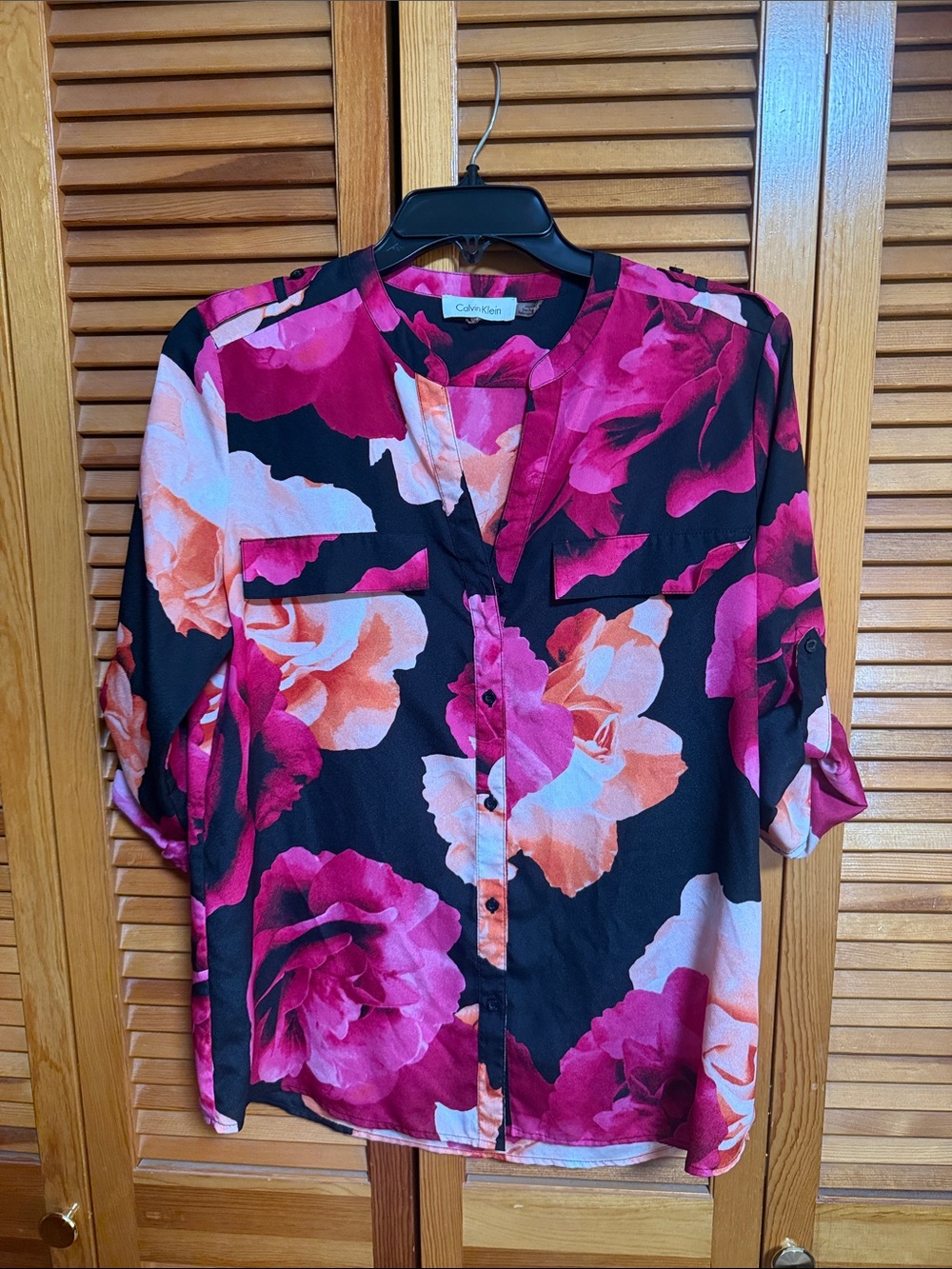 Calvin Klein Black Blouse with Pink & Coral Floral Print Medium